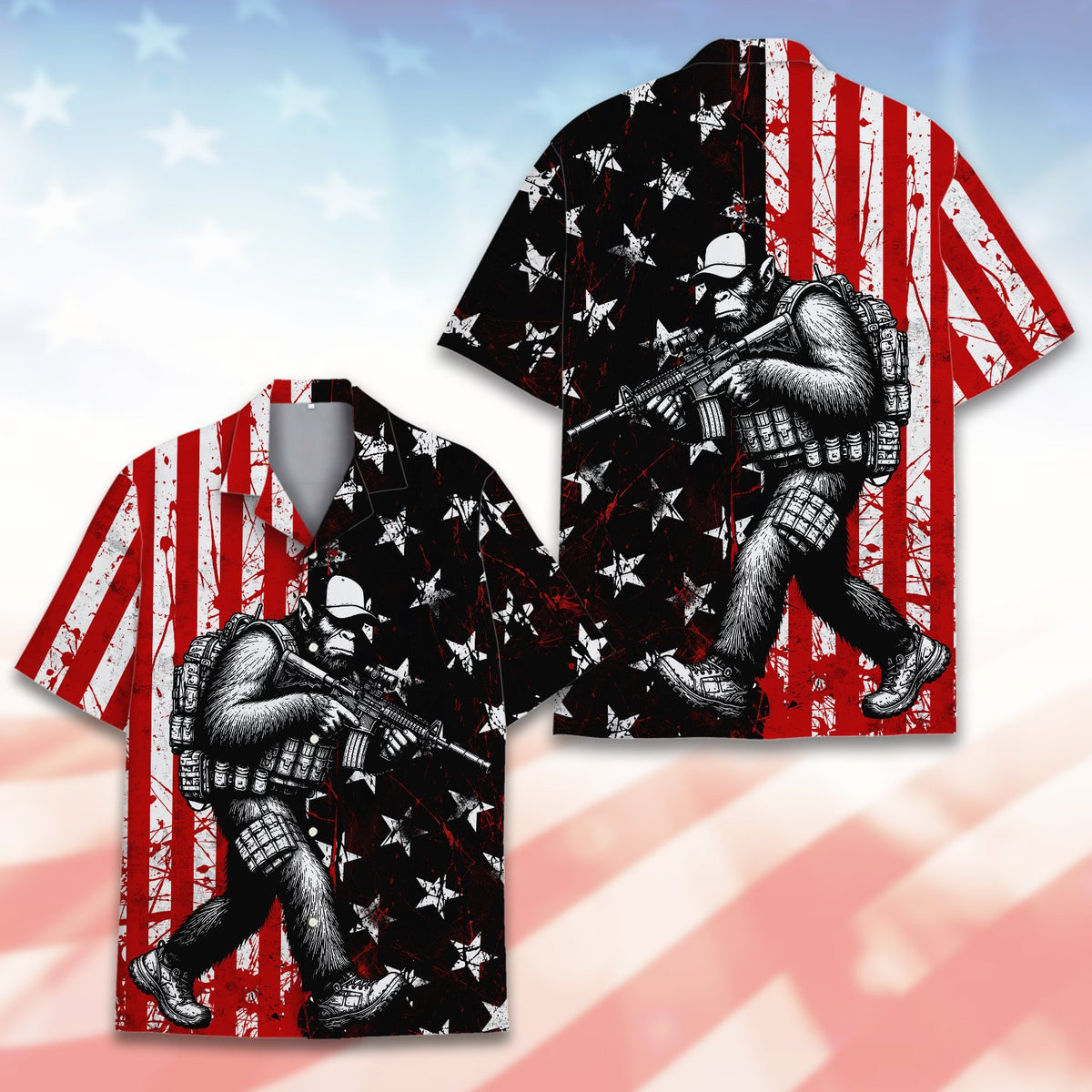 Another front view of the red, white, and black ape hawaiian shirt