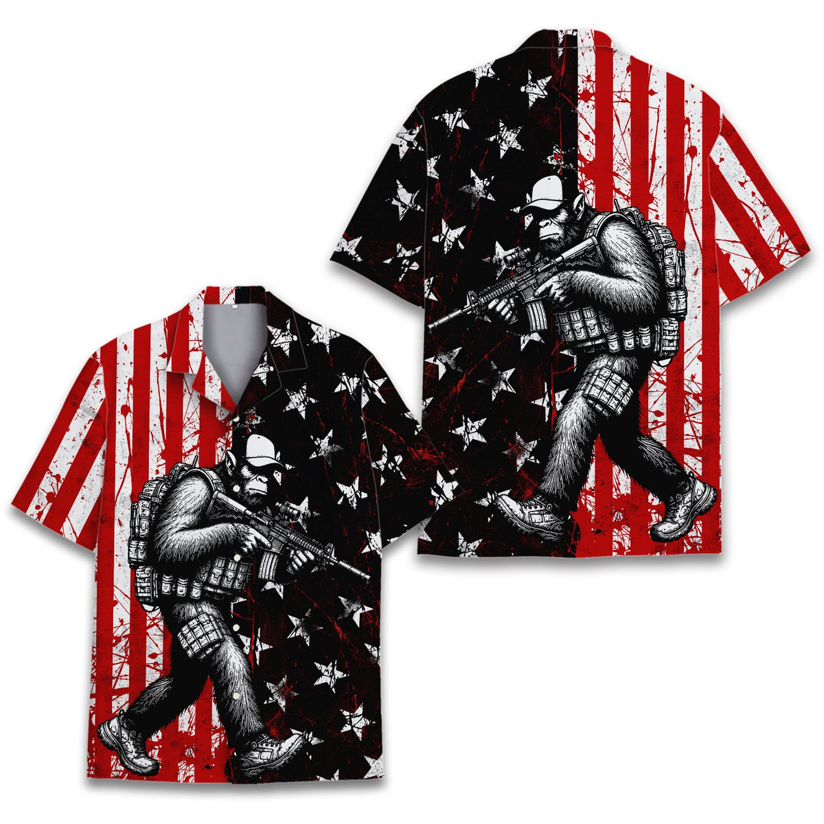 Military ape patriotic hawaiian shirt with tactical gorilla and flag design
