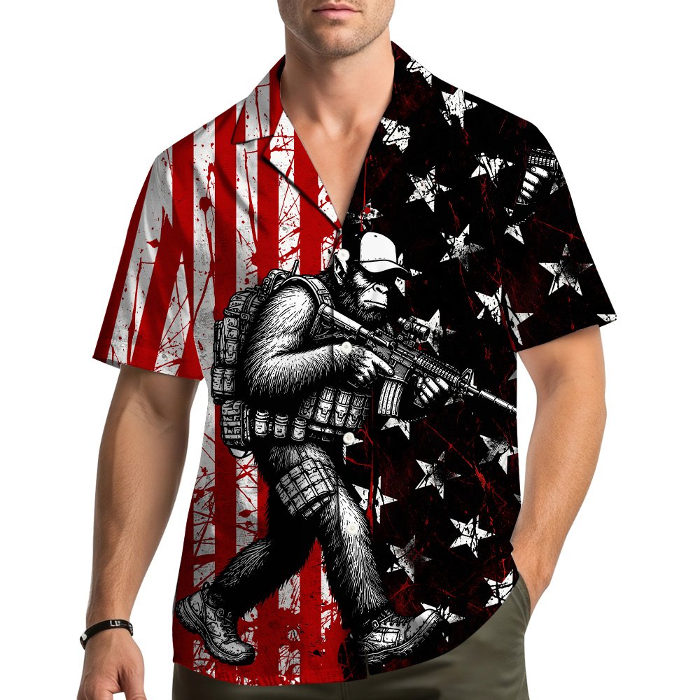 Lifestyle view of the military ape patriotic hawaiian shirt being worn outdoors