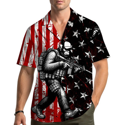 Lifestyle view of the military ape patriotic hawaiian shirt being worn outdoors