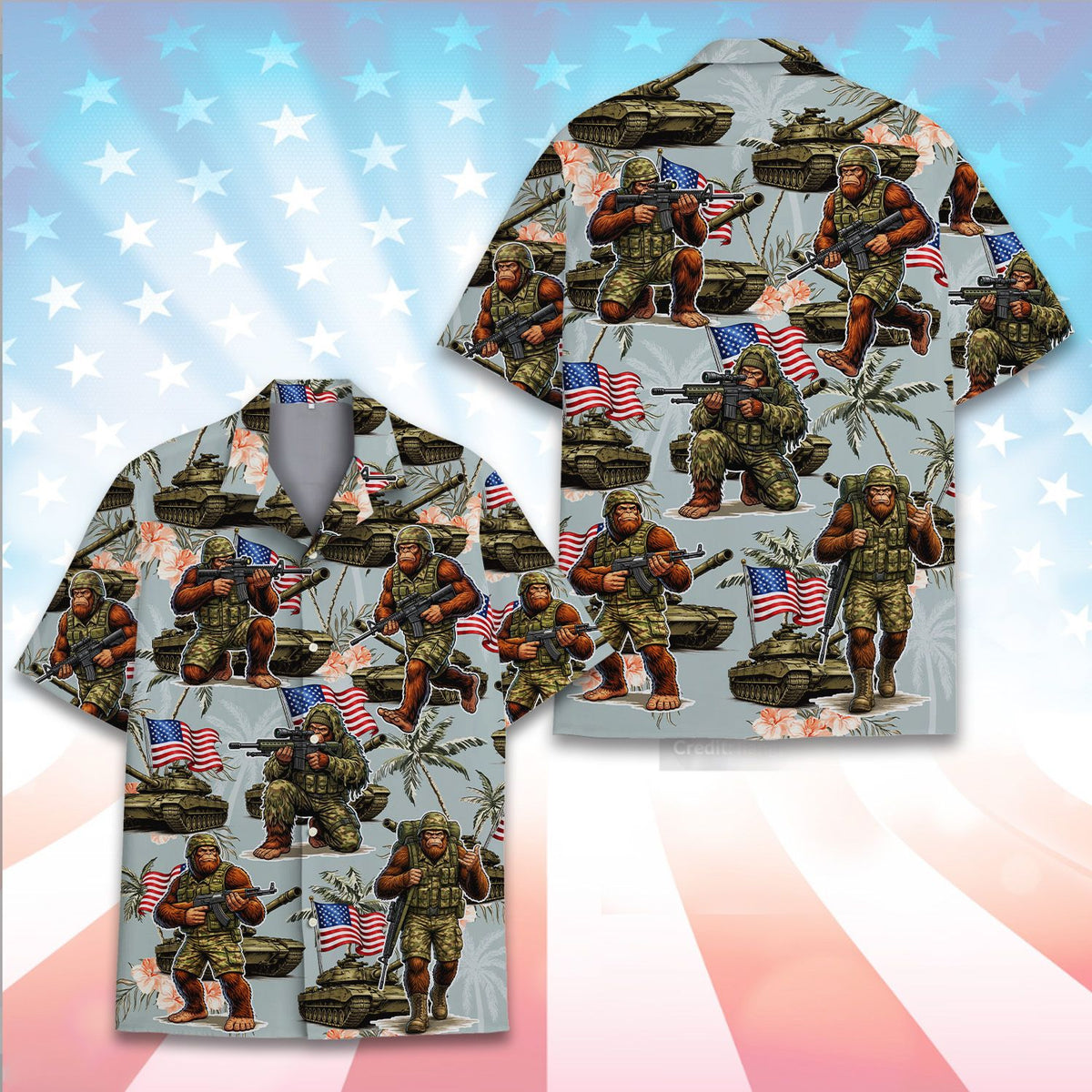Another front view of the tropical hawaiian shirt with military theme