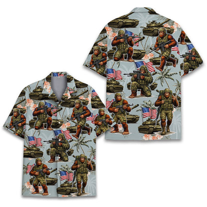 Main view of the blue military hawaiian shirt featuring Bigfoot in camouflage