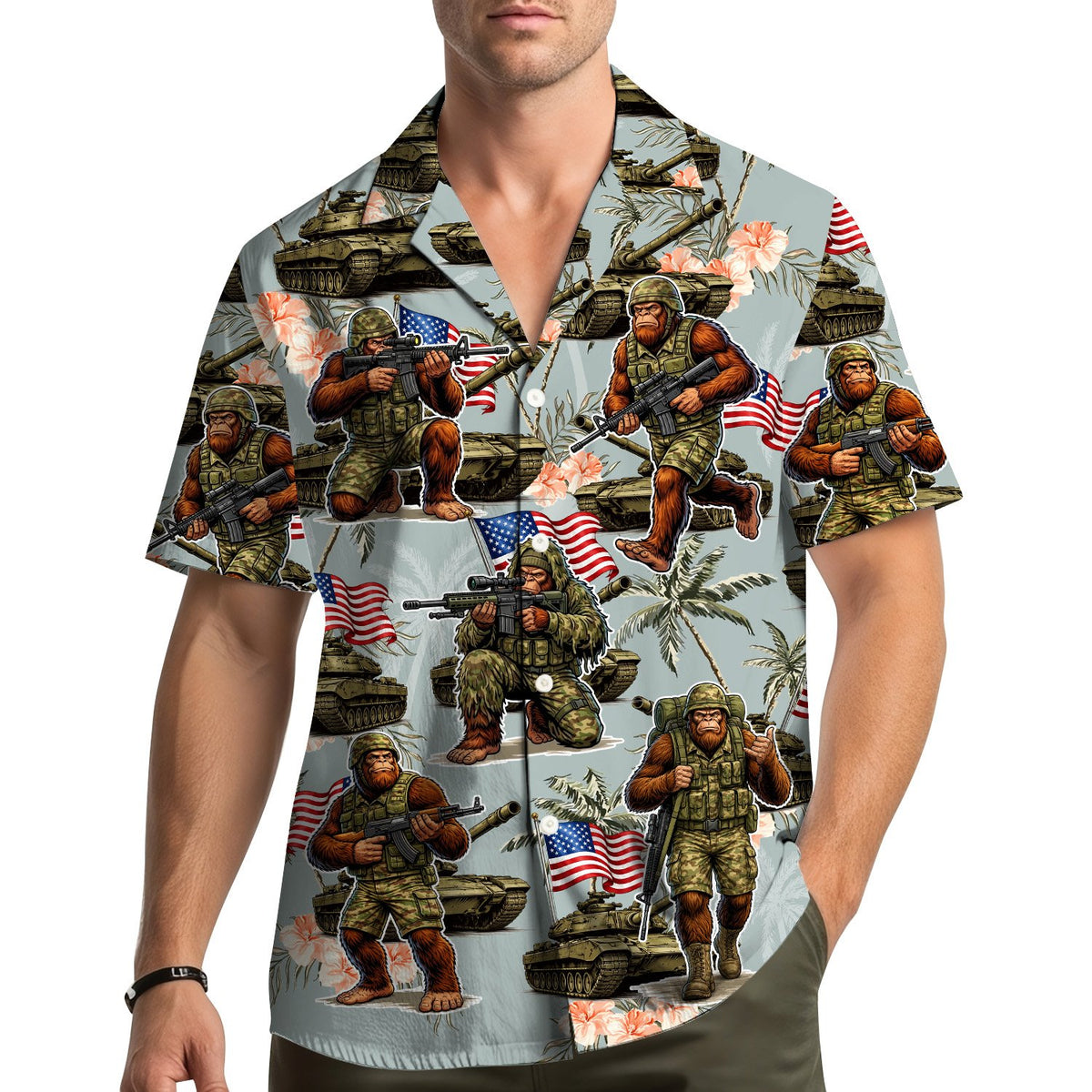 Lifestyle view of the bigfoot hawaiian shirt worn outdoors