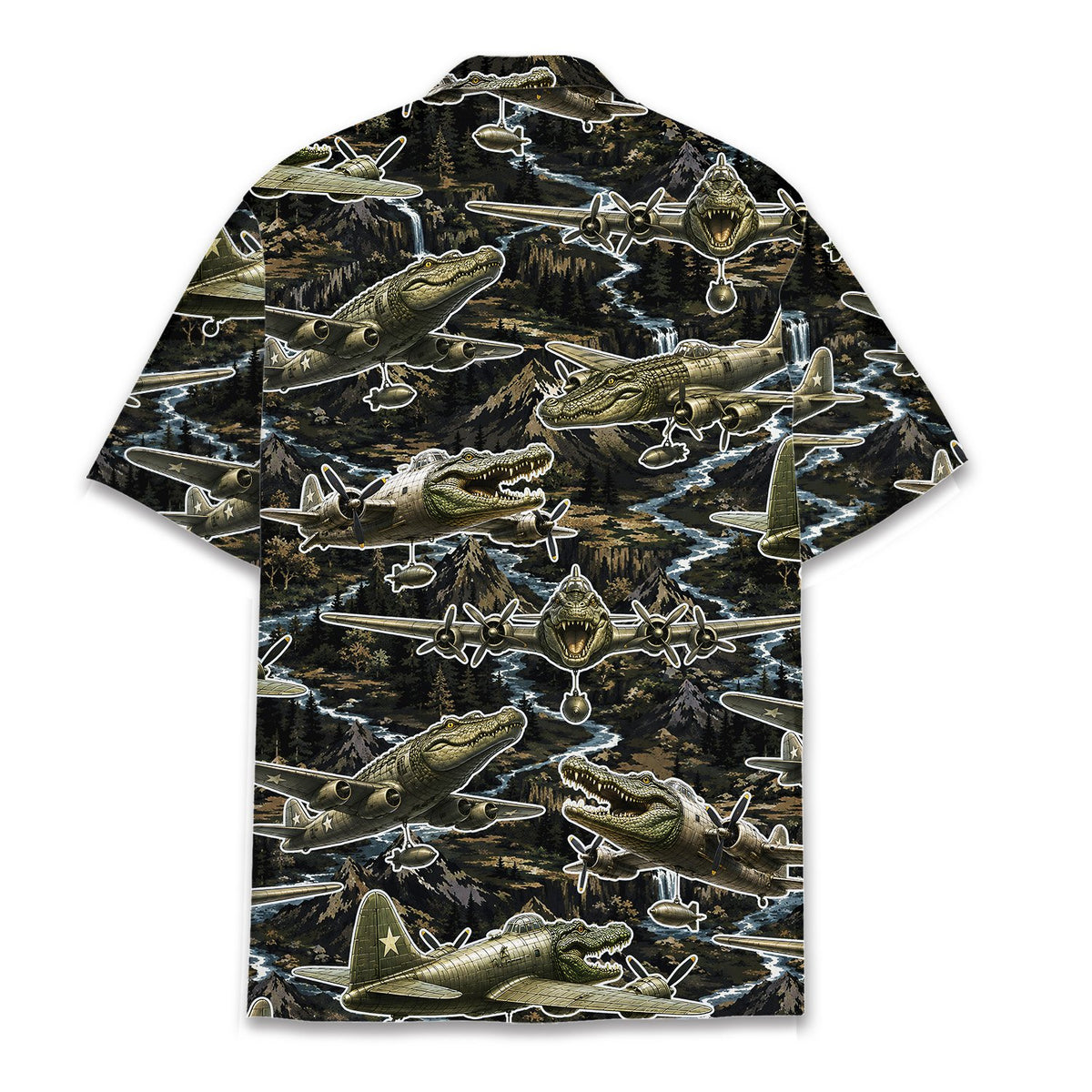 Back view of the military crocodile hawaiian shirt