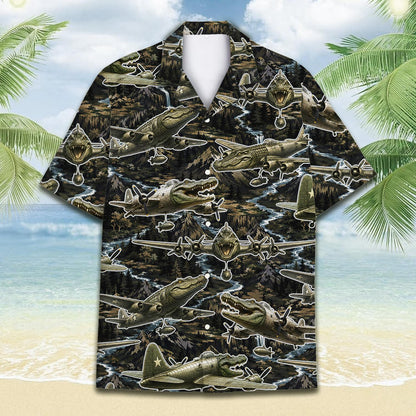 Matching family hawaiian shirts in military crocodile design, front view detail