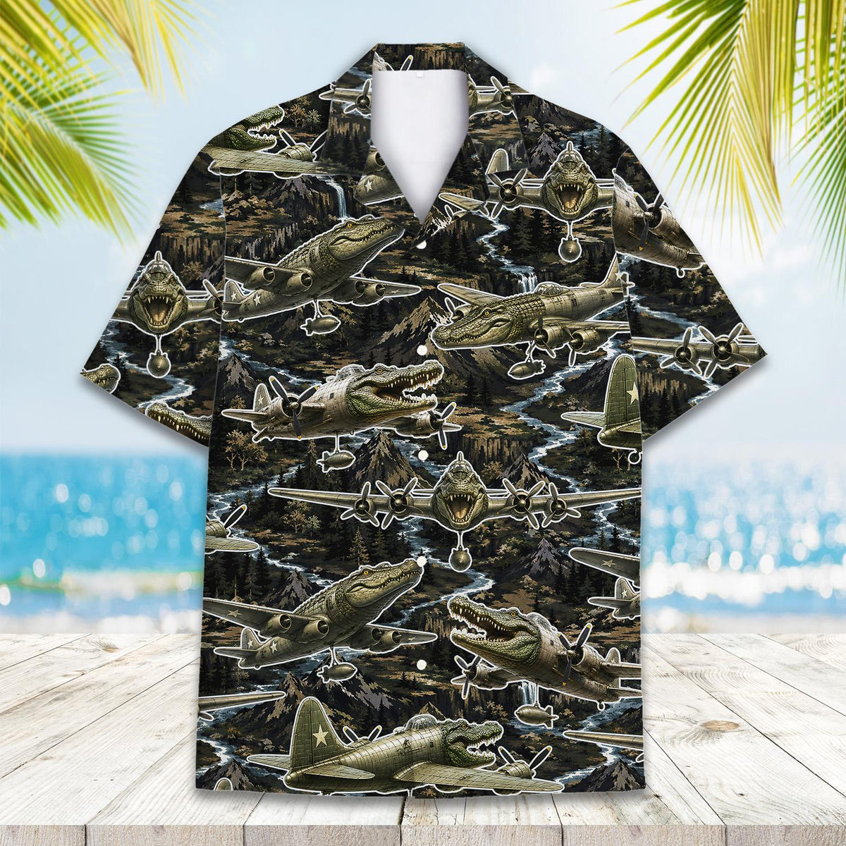 Dark green military hawaiian shirt with crocodile motif, front view close up