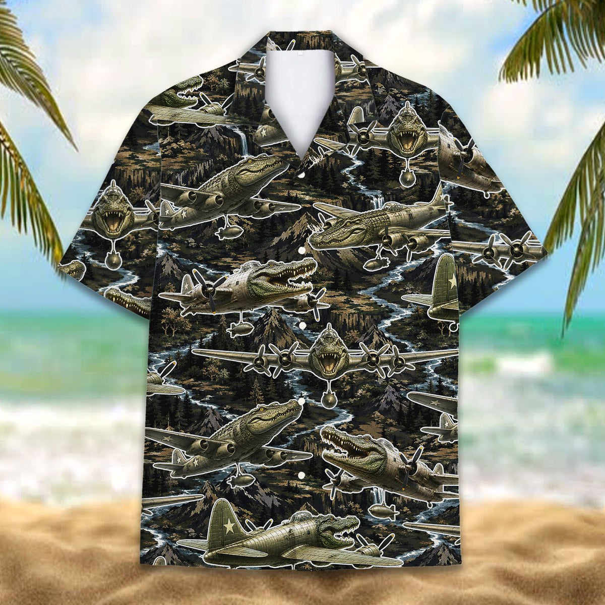 Military crocodile hawaiian shirt featuring aircraft and crocodile print, front view