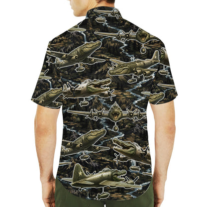 Second lifestyle shot featuring the crocodile hawaiian shirt