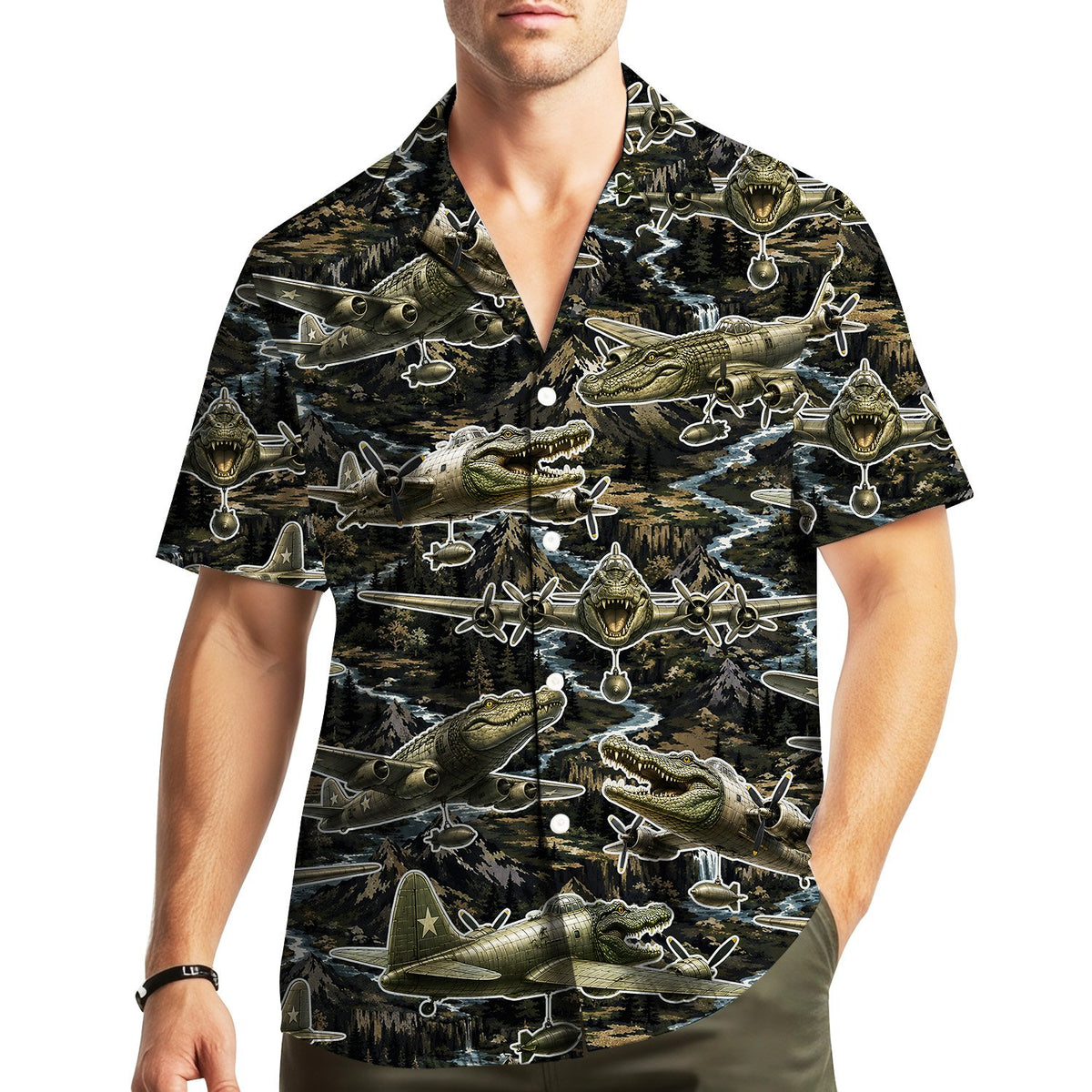 Lifestyle shot of a person wearing the military crocodile hawaiian shirt