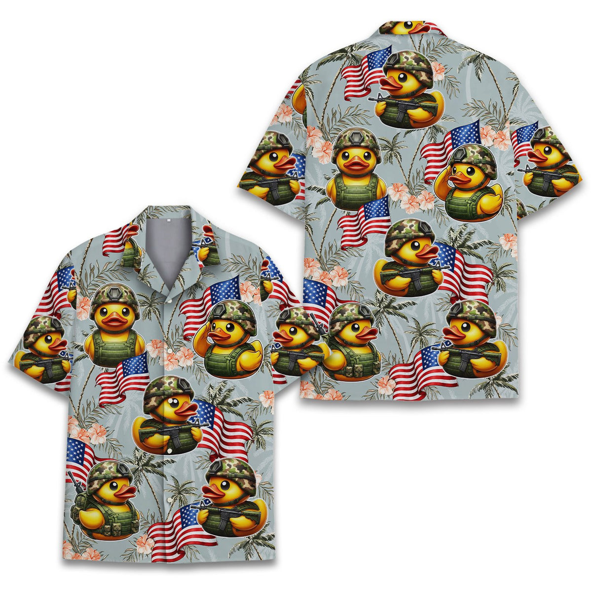 Military duck patriotic tropical hawaiian shirt front view
