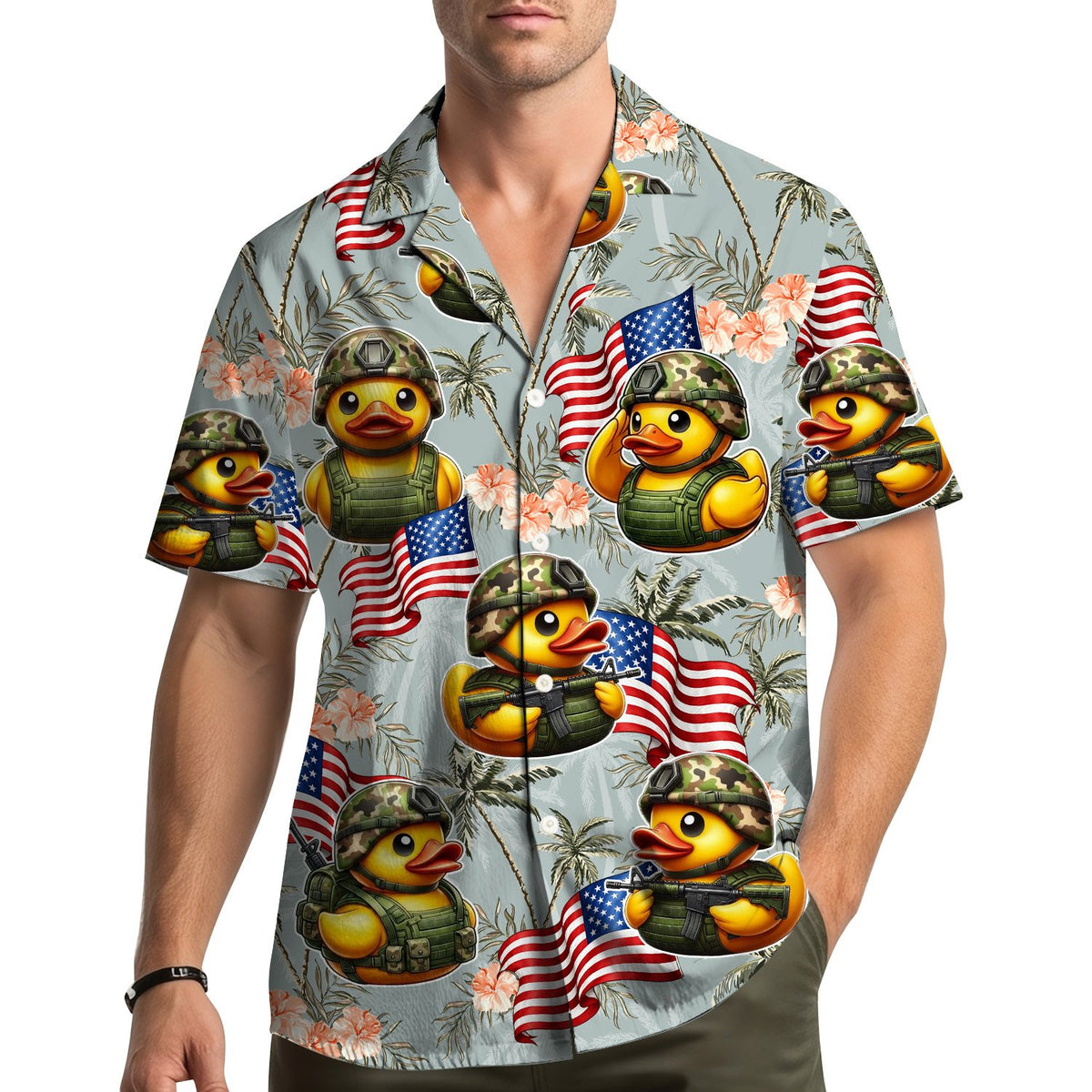 Lifestyle view of the patriotic duck Hawaiian shirt