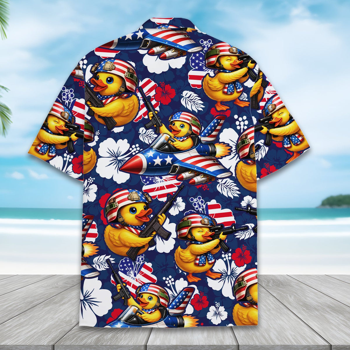 Alternate back view of the military duck tropical hawaiian shirt