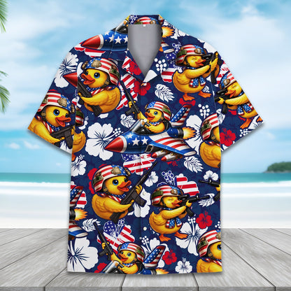Front view of the navy military hawaiian shirt with ducks