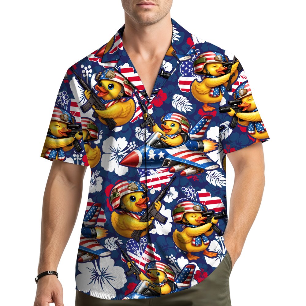 Lifestyle view of a person wearing the matching family hawaiian shirt outdoors