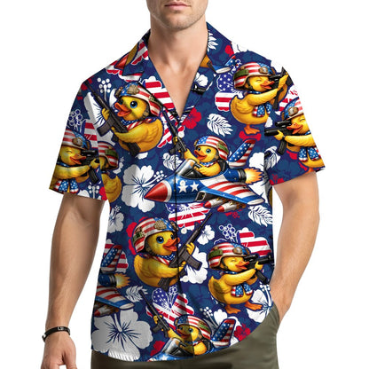 Lifestyle view of a person wearing the matching family hawaiian shirt outdoors
