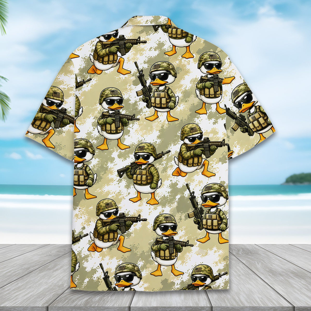 Close up of the back panel of the camo hawaiian shirt