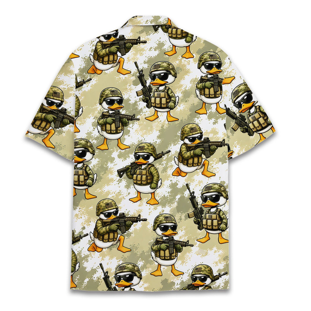 Back view of the beige military hawaiian shirt with all-over print