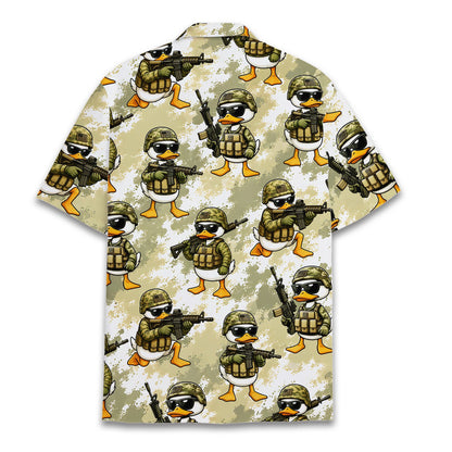 Back view of the beige military hawaiian shirt with all-over print
