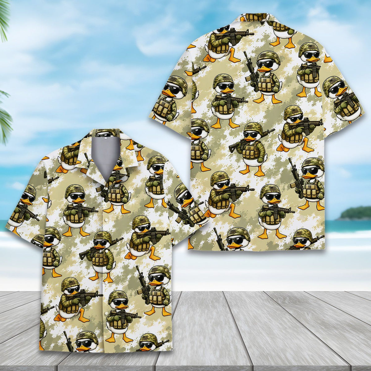 Close up of the cartoon camo pattern on the front of the hawaiian shirt