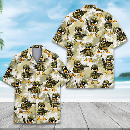 Close up of the cartoon camo pattern on the front of the hawaiian shirt