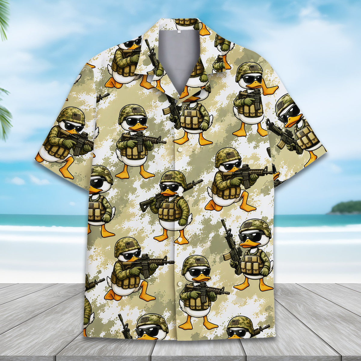 Detailed view of the collar and buttons on the beige military hawaiian shirt