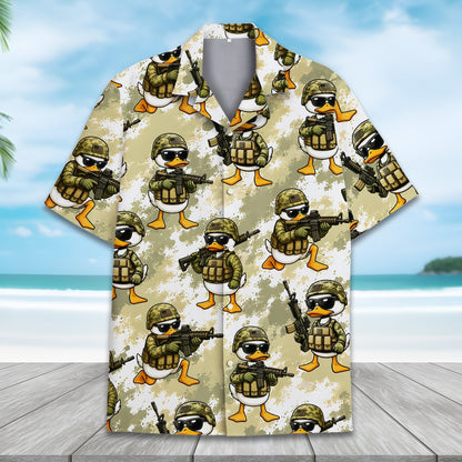 Detailed view of the collar and buttons on the beige military hawaiian shirt