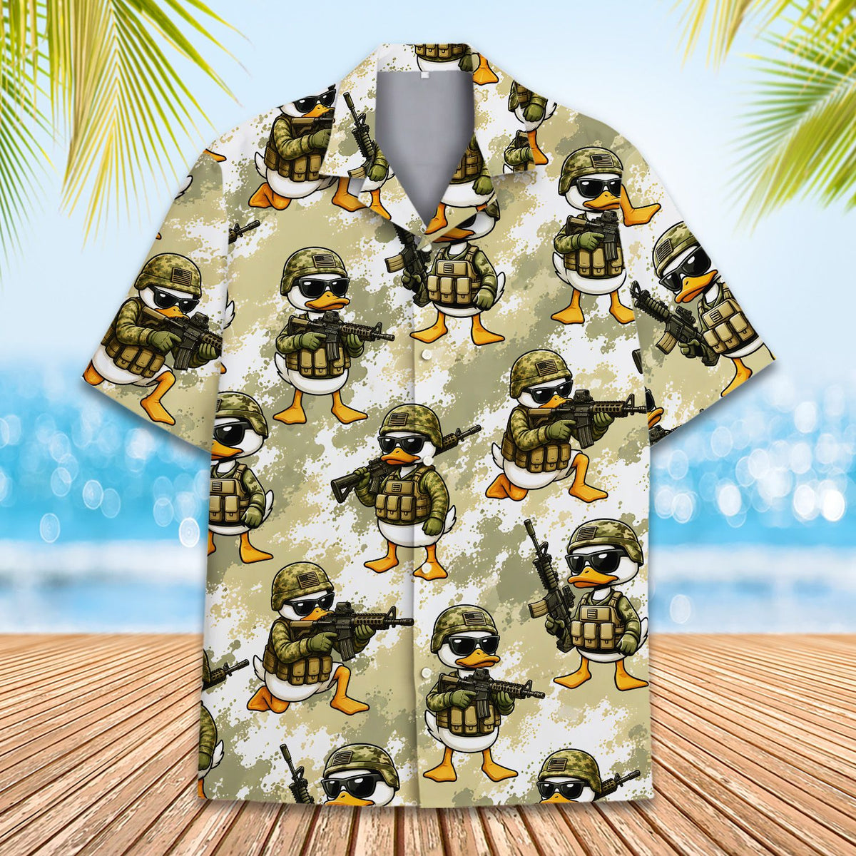 Bottom hem and print detail of the camo hawaiian shirt