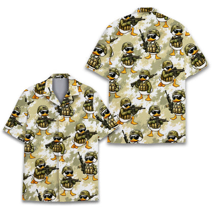 Beige military hawaiian shirt featuring tactical cartoon camo pattern, main front view