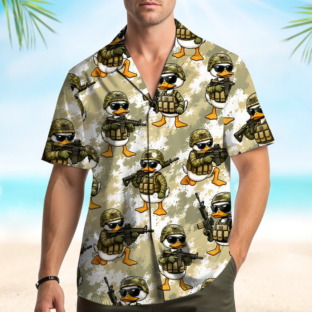 Third lifestyle view of the tactical cartoon camo hawaiian shirt outdoors