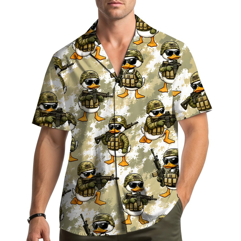Lifestyle view of an adult wearing the beige military hawaiian shirt