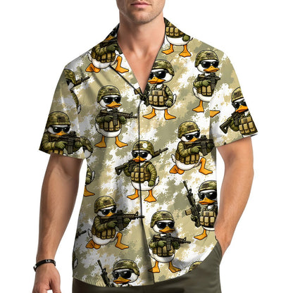 Lifestyle view of an adult wearing the beige military hawaiian shirt