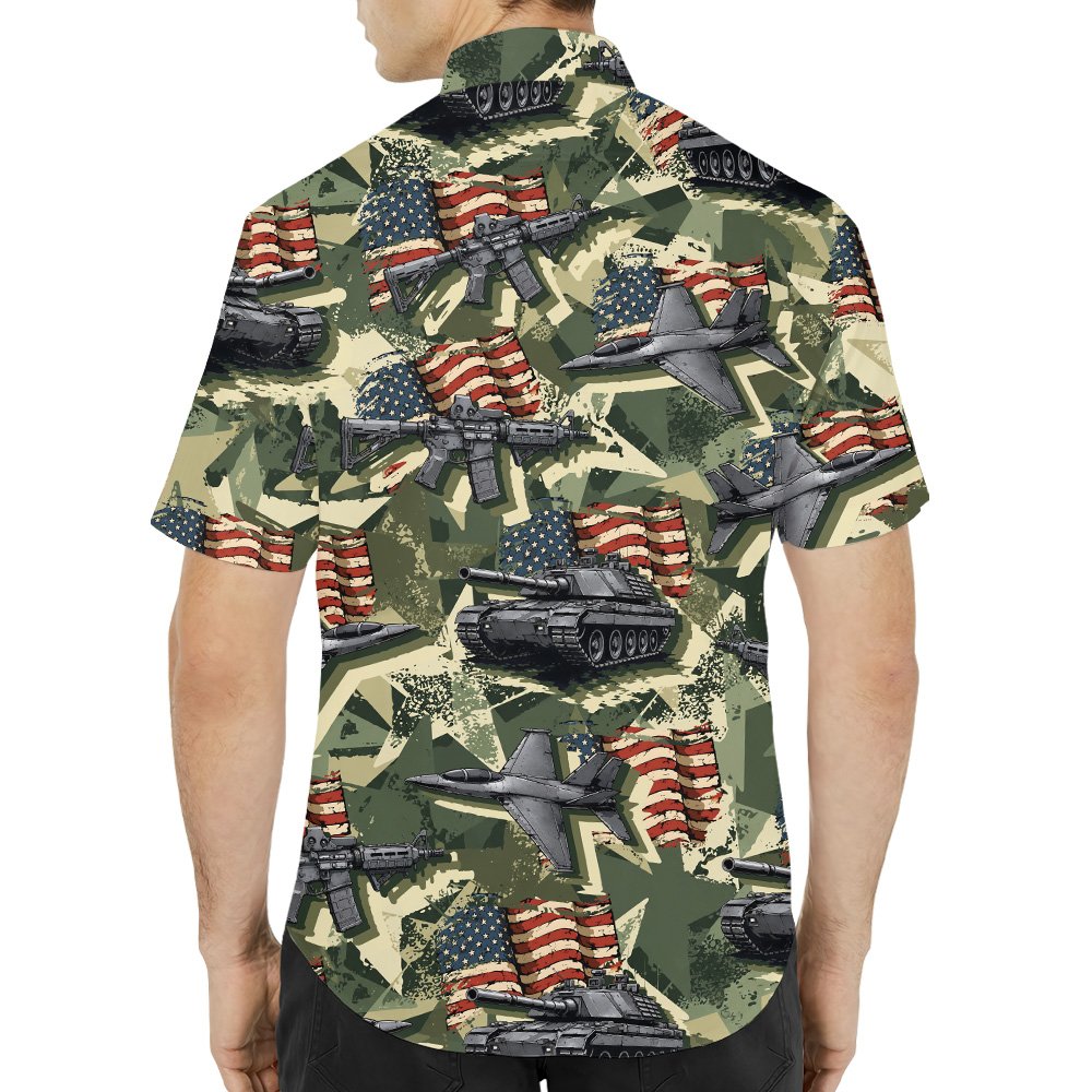 Green military hawaiian shirt with camo and American flag design, alternate back view