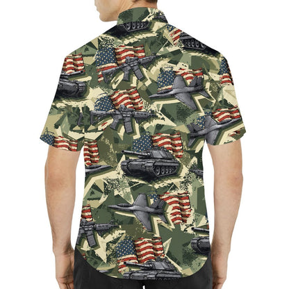 Green military hawaiian shirt with camo and American flag design, alternate back view