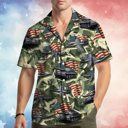 Green military hawaiian shirt with camo and American flag design, back view