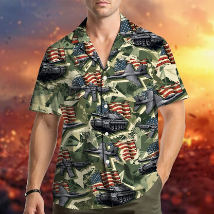 Green military hawaiian shirt with camo and American flag design, front view