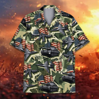 Lifestyle view of green military hawaiian shirt on family members, pose 2
