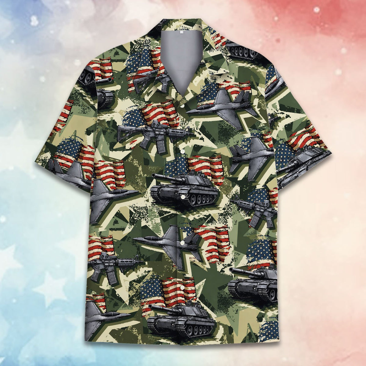 Lifestyle view of green military hawaiian shirt on family members, pose 3