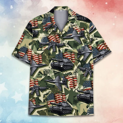 Lifestyle view of green military hawaiian shirt on family members, pose 3