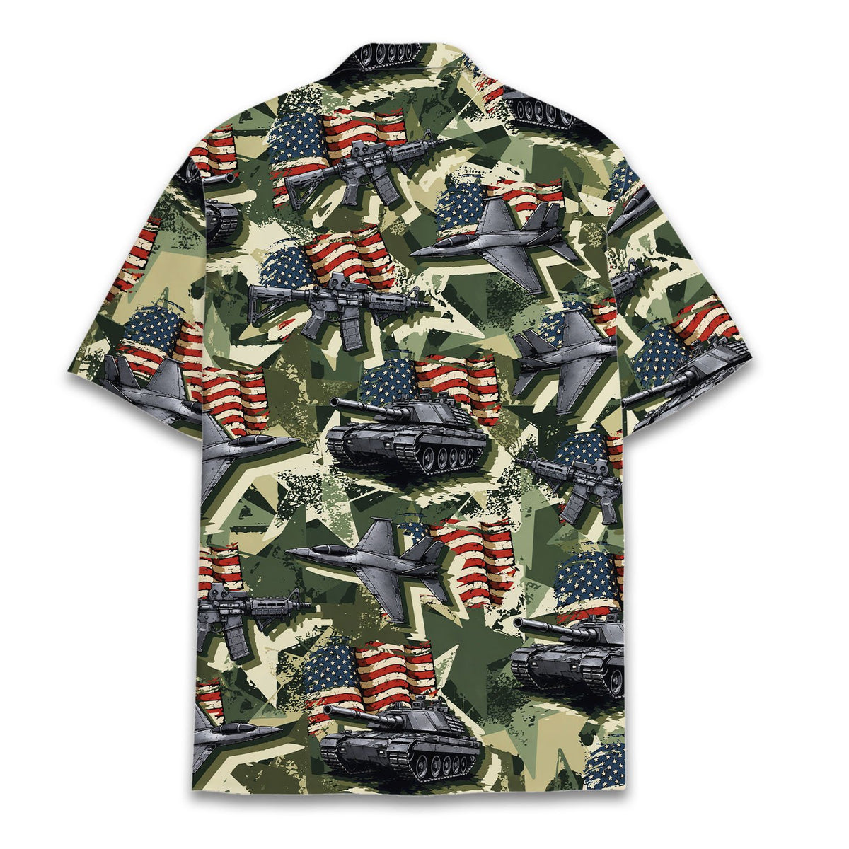 Lifestyle view of green military hawaiian shirt on family members, pose 4