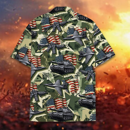 Lifestyle view of green military hawaiian shirt on family members, pose 5