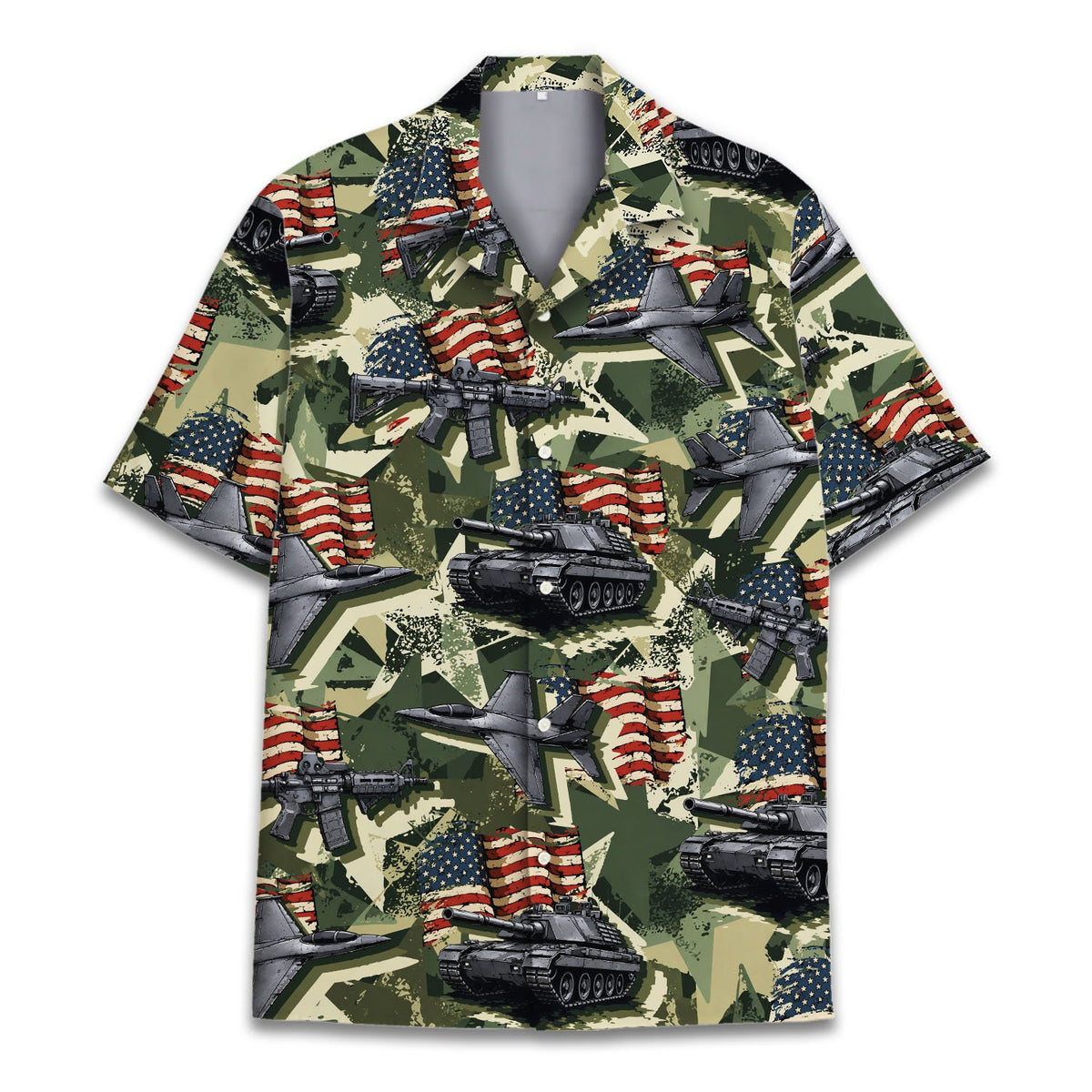 Lifestyle view of matching family hawaiian shirts in military camo pattern