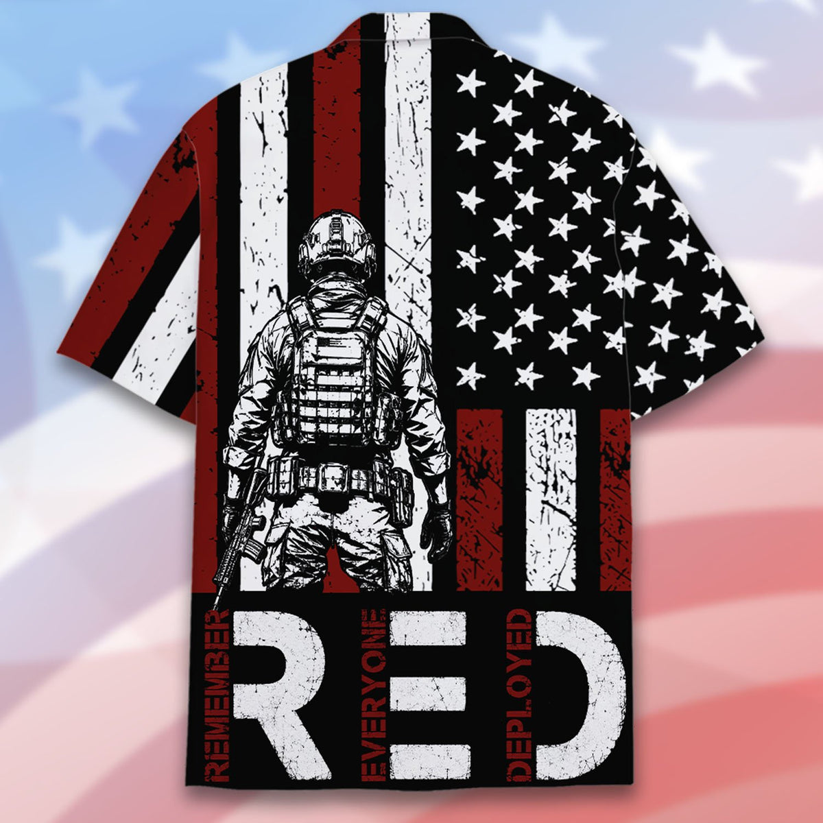Detailed back view of the RED military hawaiian shirt