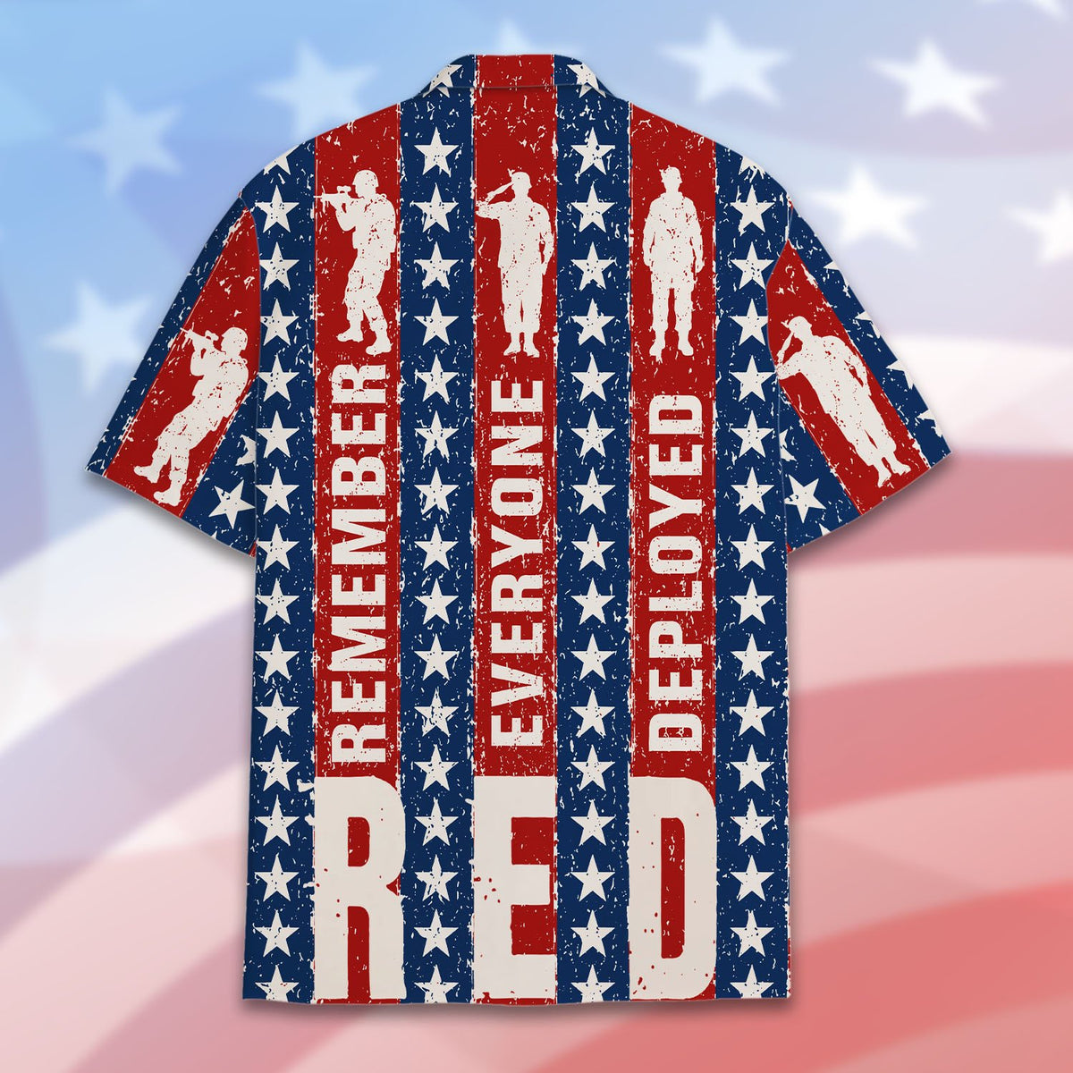 Alternative back view of the military patriotic hawaiian shirt