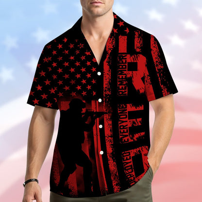 Detailed back view of the military patriotic hawaiian shirt featuring the R.E.D. text