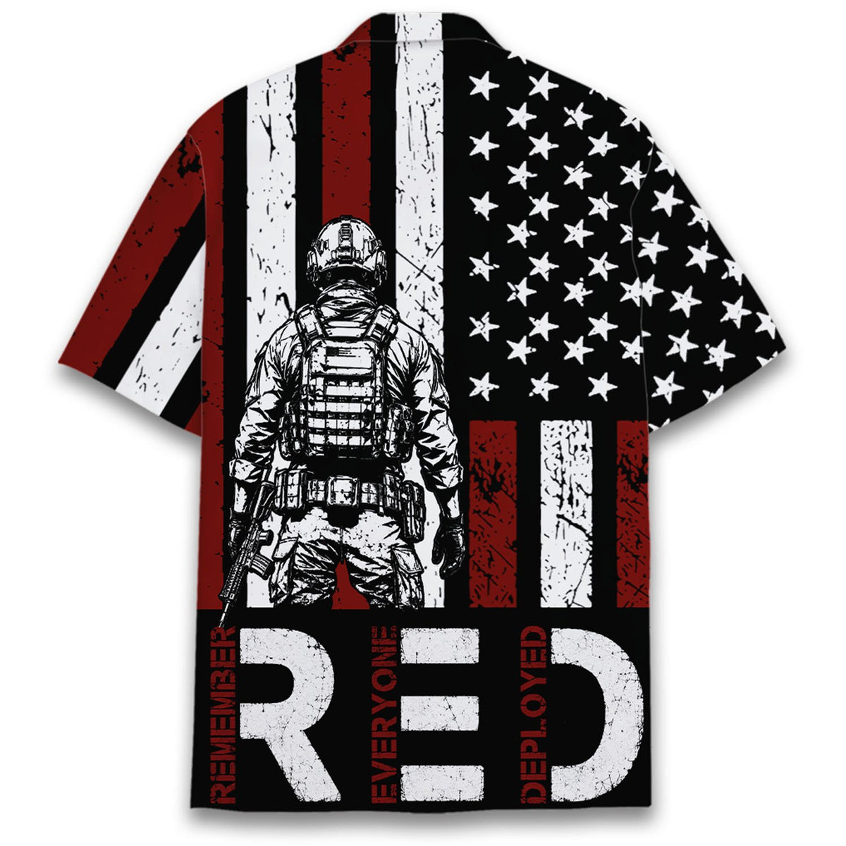 Back view of the military hawaiian shirt with distressed American flag pattern