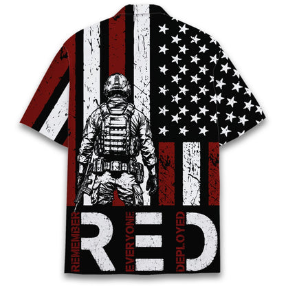 Back view of the military hawaiian shirt with distressed American flag pattern
