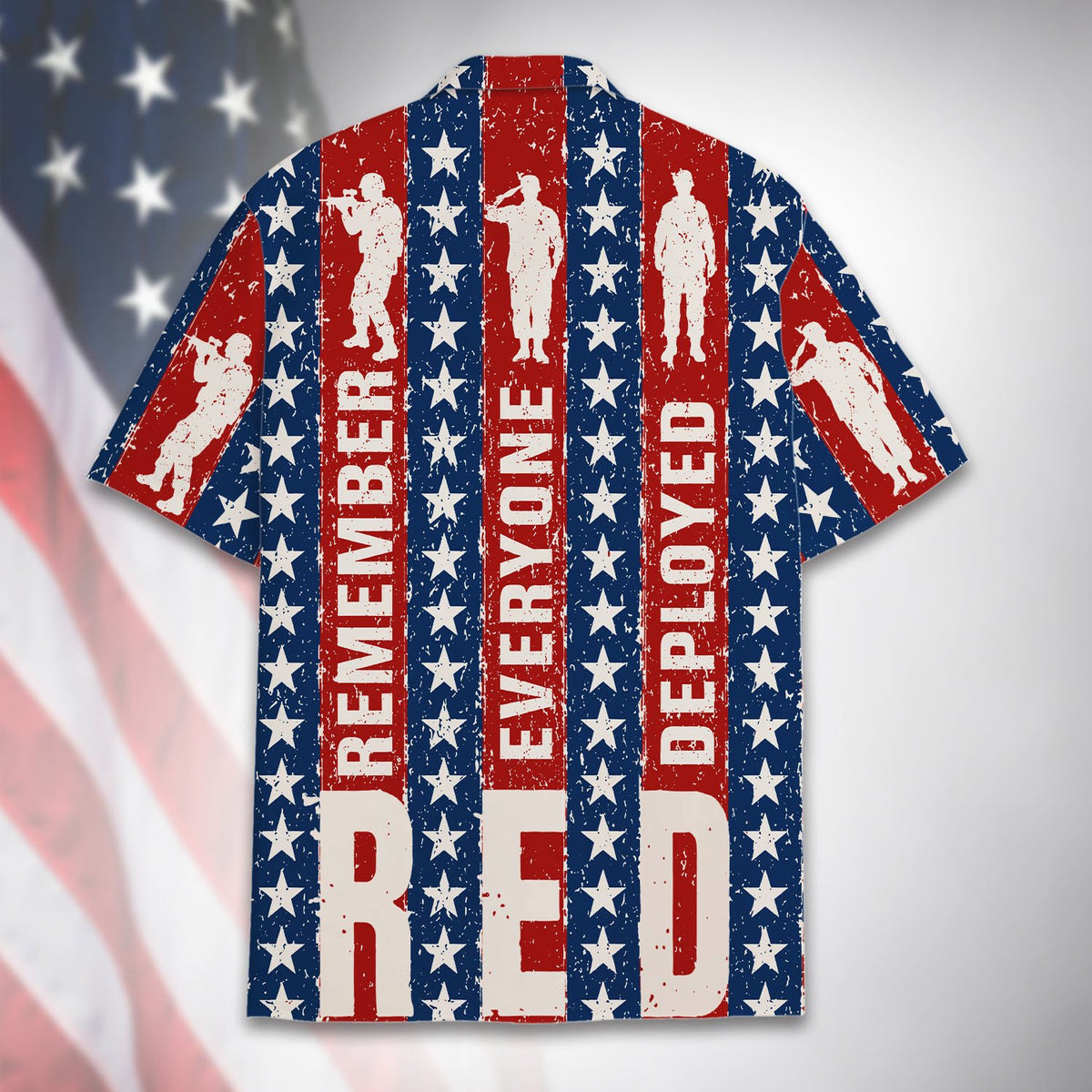 Back view of the matching family hawaiian shirt with patriotic stripe design