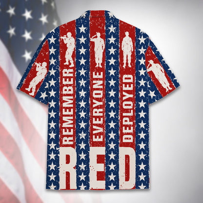 Back view of the matching family hawaiian shirt with patriotic stripe design