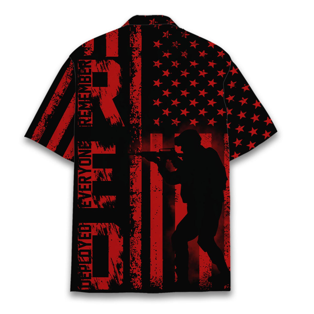 Back view of the distressed red and black flag hawaiian shirt