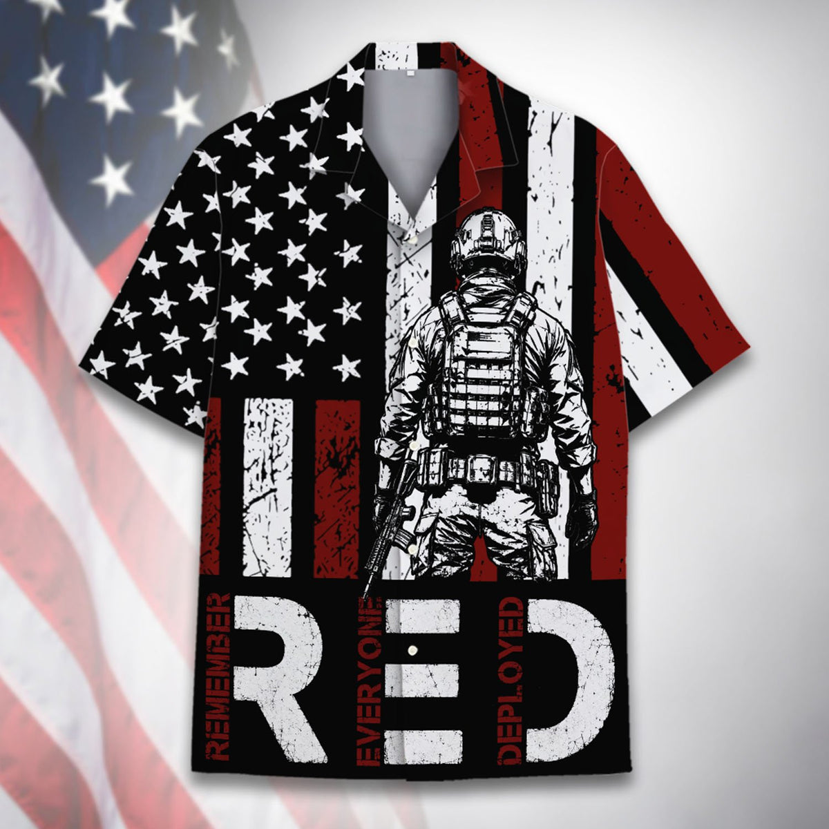Detailed front view of the patriotic hawaiian shirt with tactical soldier illustration